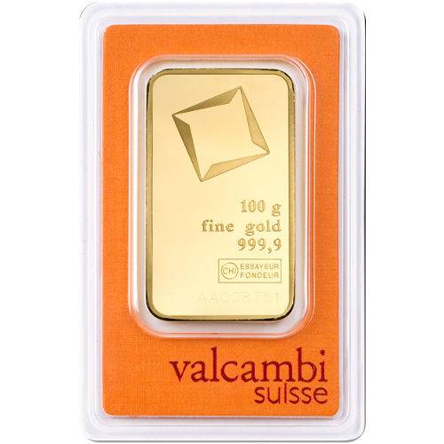 100 gram gold valcambi bar minted obv