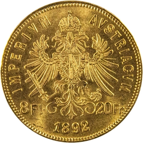 1892 20 Francs 8 Florin Austrian Gold Coin BU Restrike rev