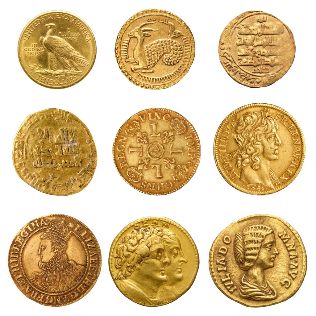 a display of 9 ancient gold coins.