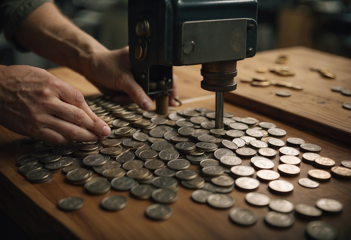 A vintage coin press stamps out 1944 wheat pennies, while workers package and distribute the freshly minted coins