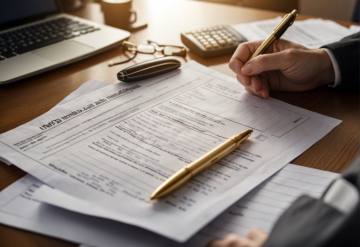 A person completing paperwork to transfer funds from a 401k to a gold IRA. Forms, a pen, and a computer are on a desk