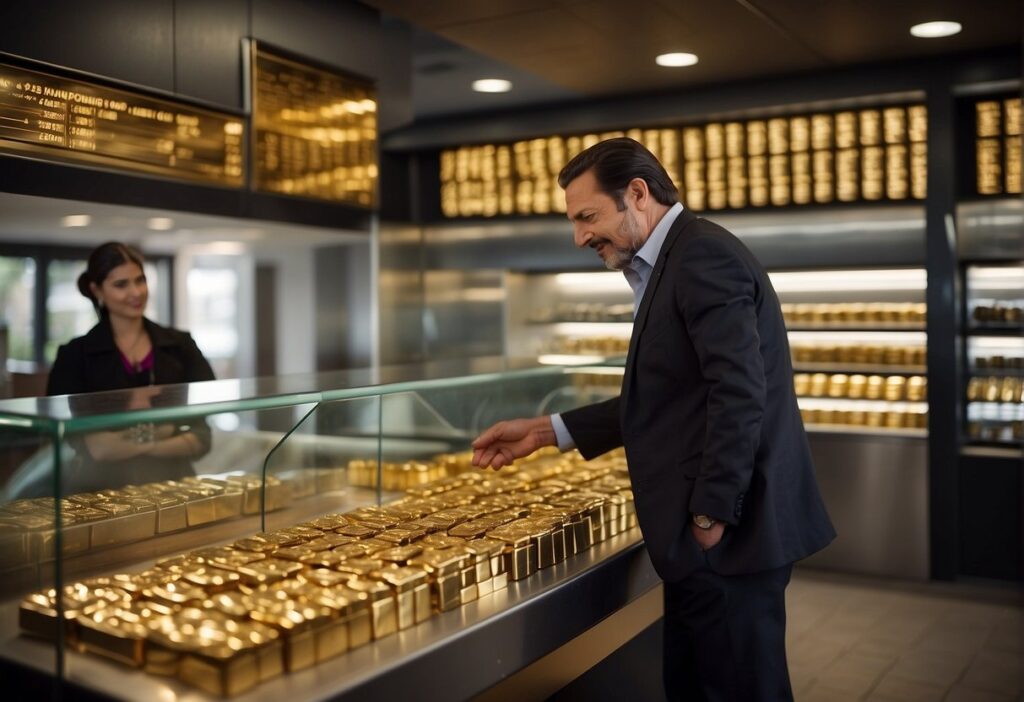 A customer approaches a counter with a display of gold bars and coins. A seller assists with the transaction, exchanging money for the precious metal
