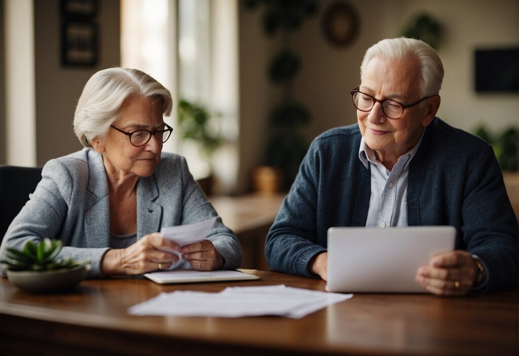 A senior couple sits at a table, surrounded by financial documents and a computer. They appear contemplative as they discuss the decision to buy gold for their retirement