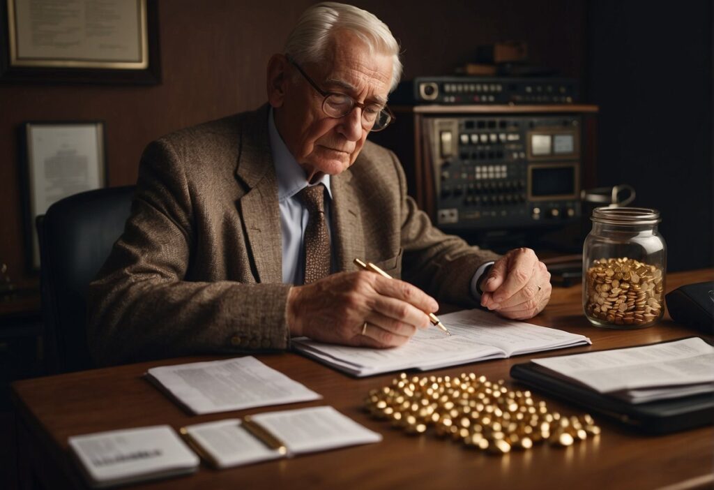 A serene elderly person sits at a wooden desk, contemplating a gold investment while surrounded by financial documents and a calculator