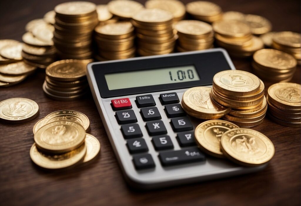 A stack of gold coins and bars arranged on a table, with a retirement savings plan document and a calculator nearby