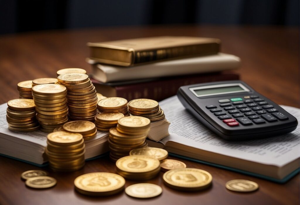 A stack of gold coins and bars sits on a table, surrounded by financial planning books and retirement guides. A calculator and pen are nearby, hinting at careful consideration