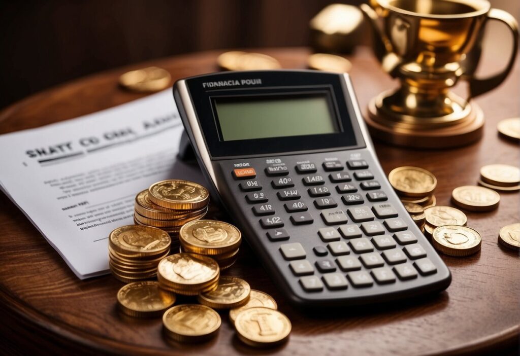 A table with financial documents and a calculator, surrounded by gold coins and bars. A retirement savings account statement and a list of gold prices are visible