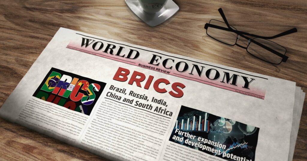 newspaper announcing global de-dollarization by BRICS, brazil, russia, india, china, south africa, 