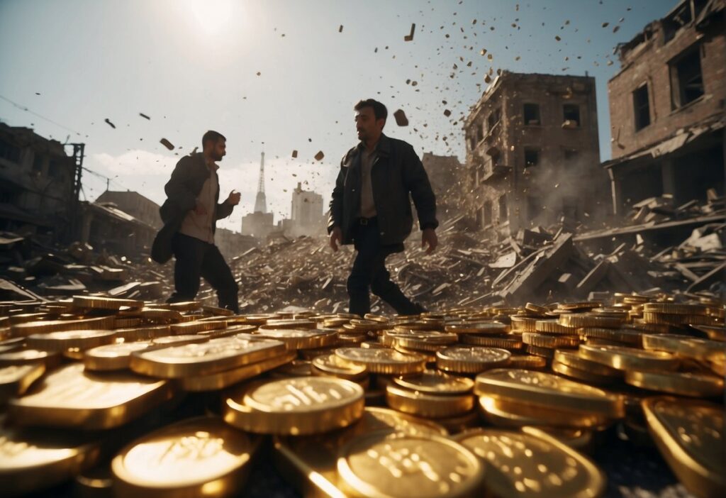Men Walking War Torn Town Gold Coins in Foregrouhd