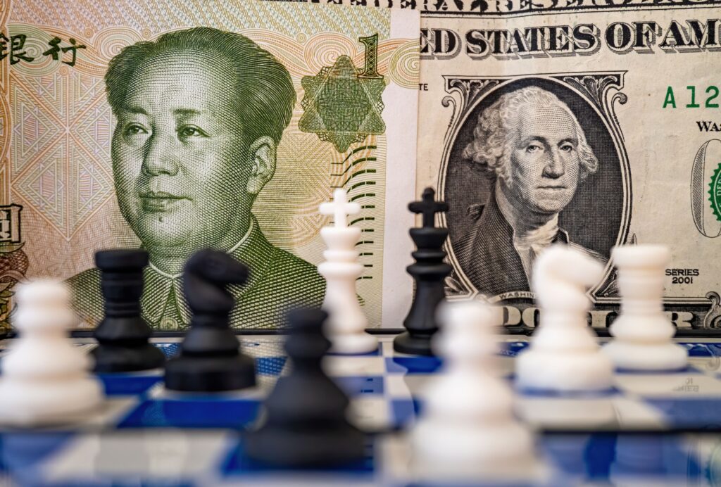 china currency and dollar currency in the background of a chess board, currency war,  global de-dollarization