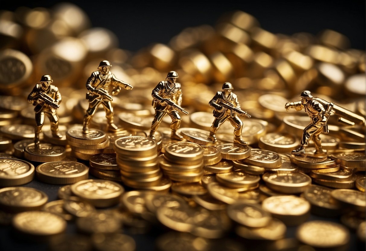 War disrupts gold supply, raising prices. Illustrate a chaotic battlefield with soldiers fighting, and a gold market in turmoil. Show scarcity and alternative investments