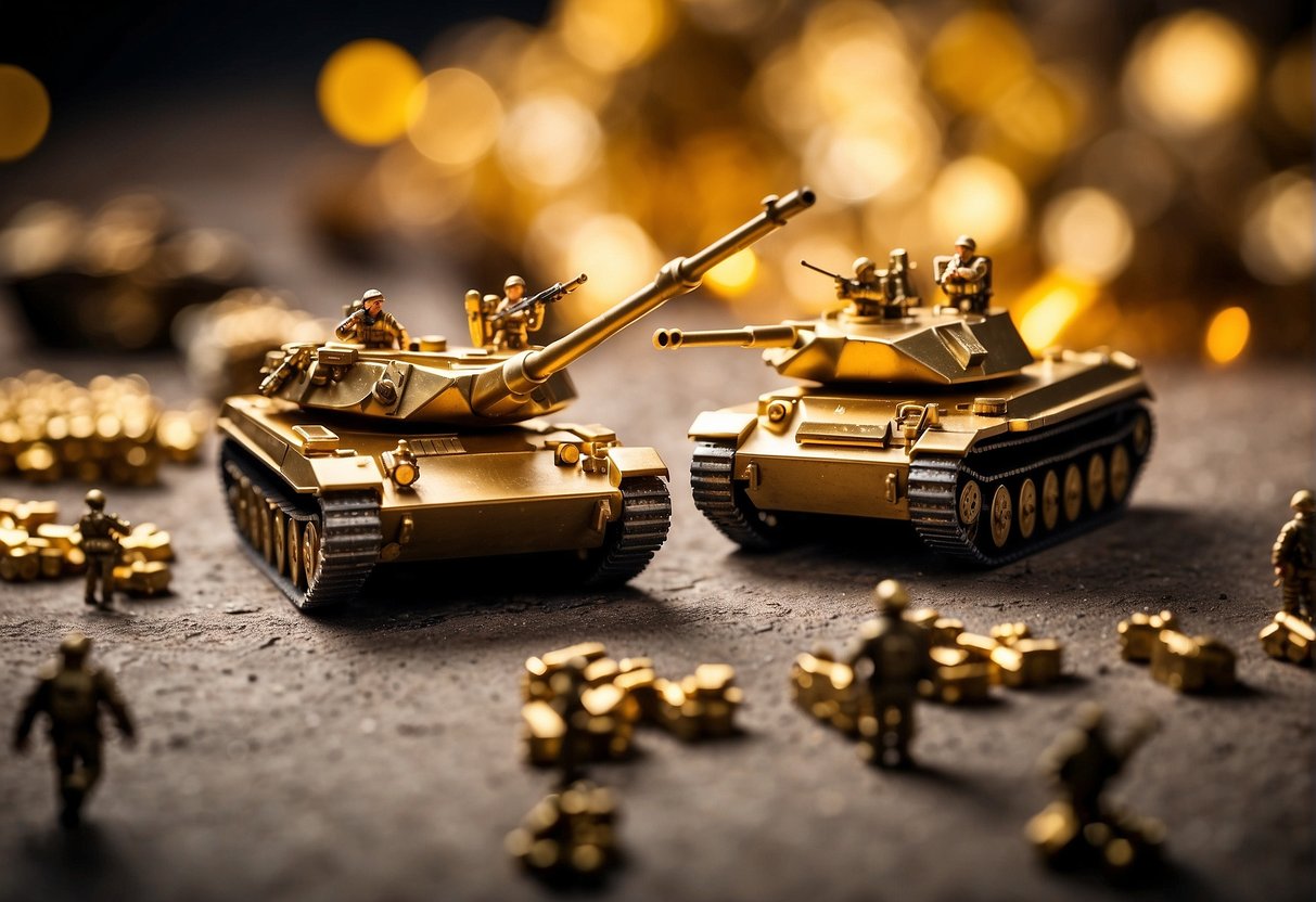 War drives up demand for gold, causing its price to surge. Illustrate a battlefield with soldiers and tanks, and a graph showing the rising price of gold