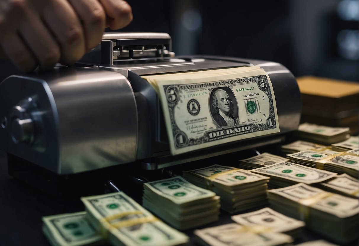 A government hand injects money into a machine, causing economic indicators to rise