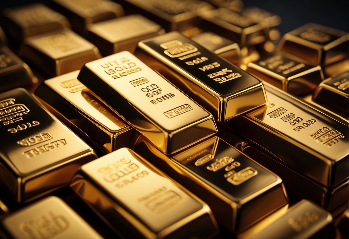 A stack of gold bullion bars surrounded by various assets, such as stocks, bonds, and real estate, symbolizing diversification strategies for a safe haven