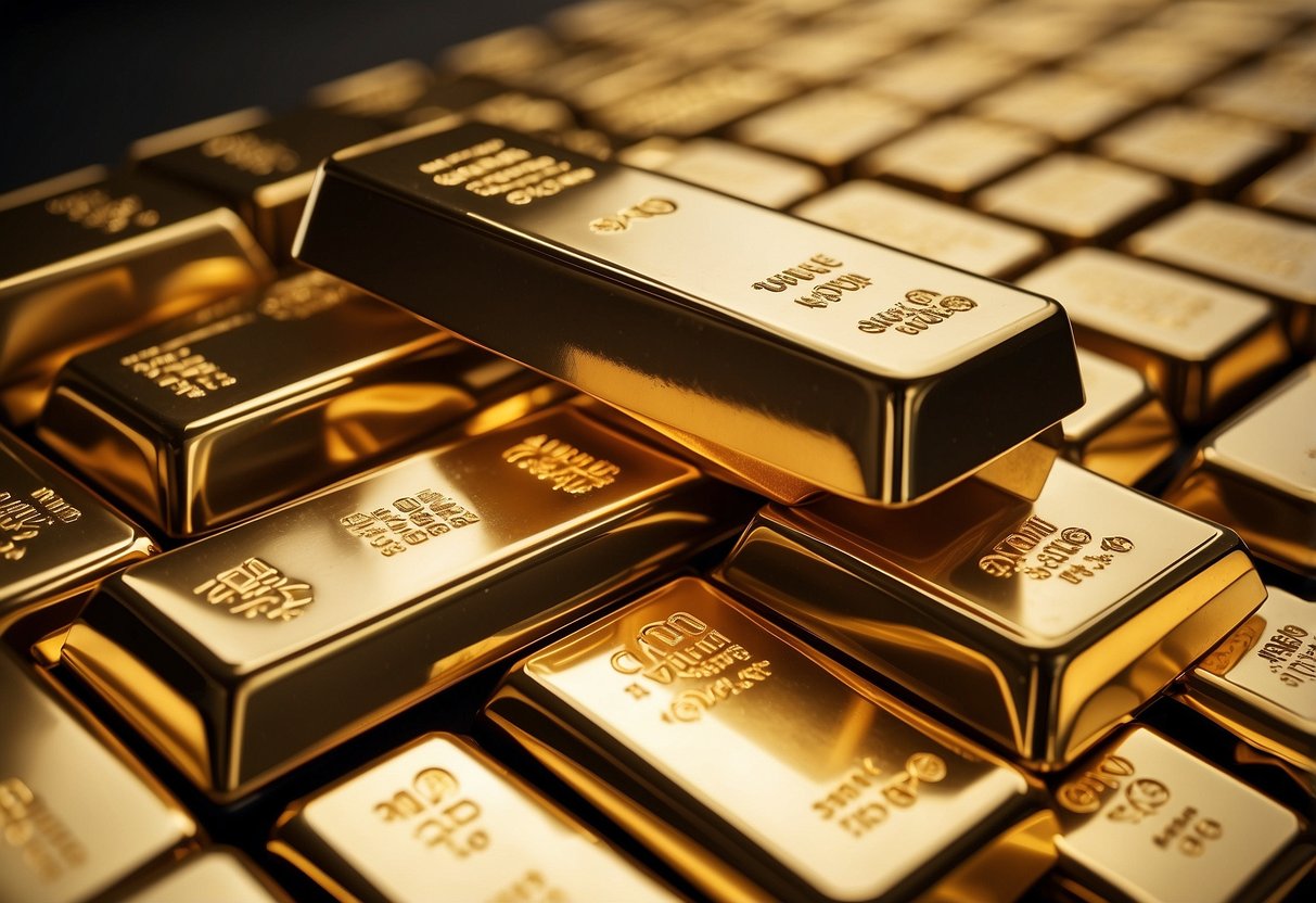 A stack of gleaming gold bullion bars sits securely in a locked vault, surrounded by security measures. The precious metal represents stability and security as a valuable investment asset