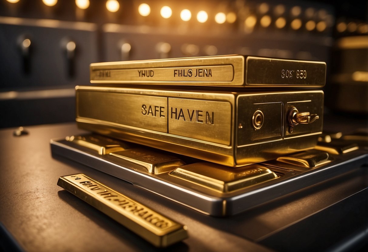 A stack of gold bullion bars in a secure vault, with a sign indicating "Safe Haven" and a scale for practical considerations