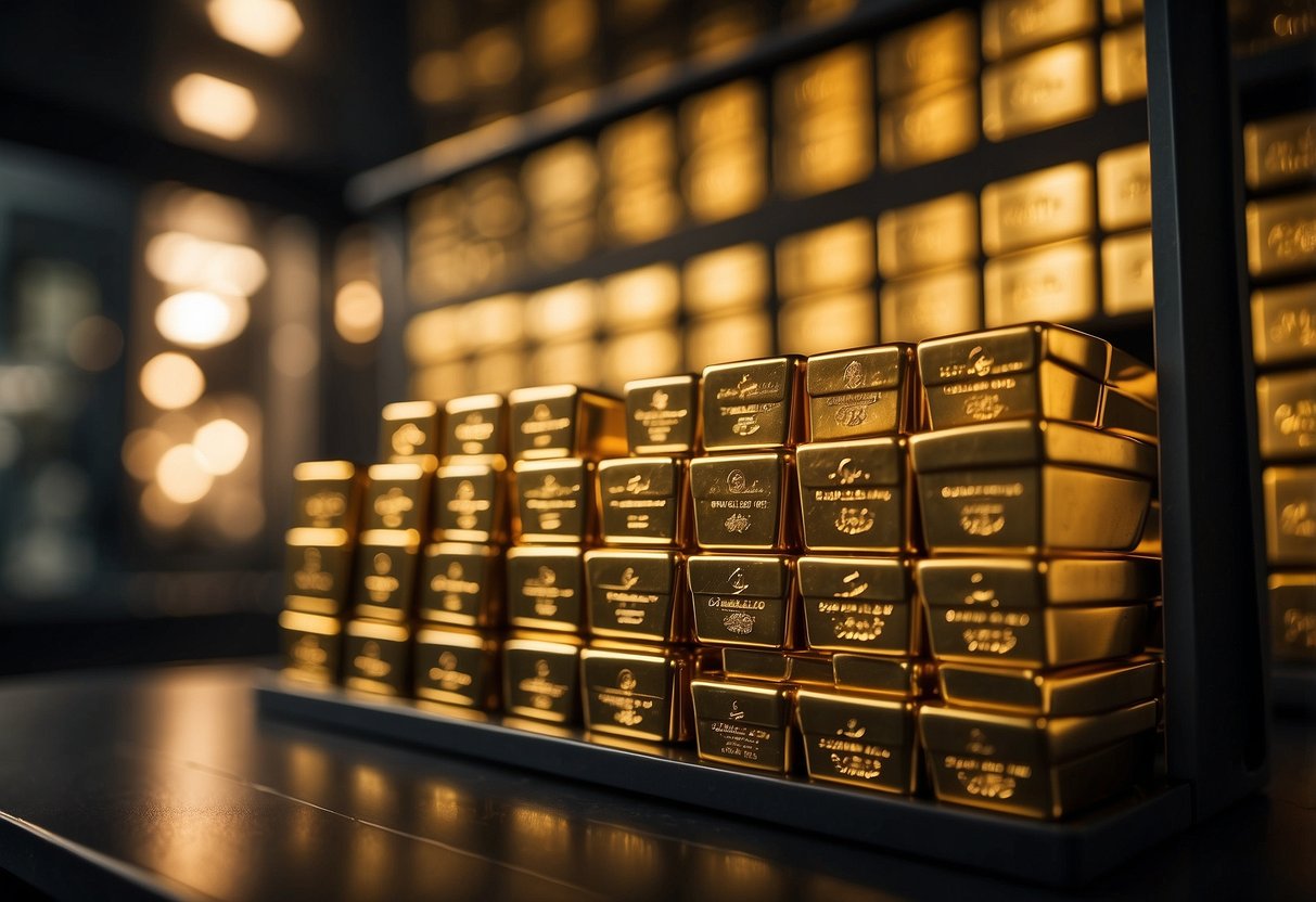 A stack of gold bullion bars sits in a secure vault, surrounded by thick walls and advanced security measures. The room is dimly lit, emphasizing the precious nature of the metal