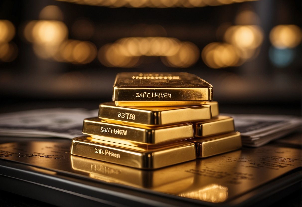 A stack of gold bullion bars sits prominently on a secure, well-lit pedestal, surrounded by financial newspapers and charts. The words "Safe Haven" are prominently displayed