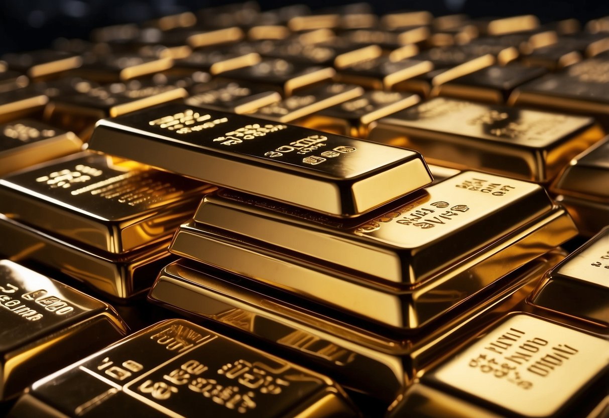 A pile of gold bullion bars sits in a secure vault, surrounded by economic indicators and global market data, symbolizing its status as a safe haven investment