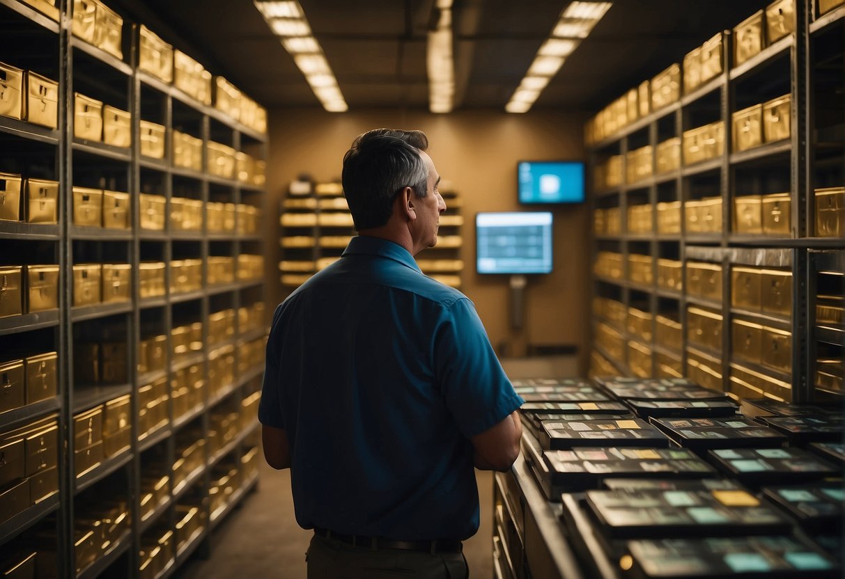 A secure room with shelves of sealed gold eagle monster boxes, a monitoring system, and a caretaker inspecting and organizing the valuable investment