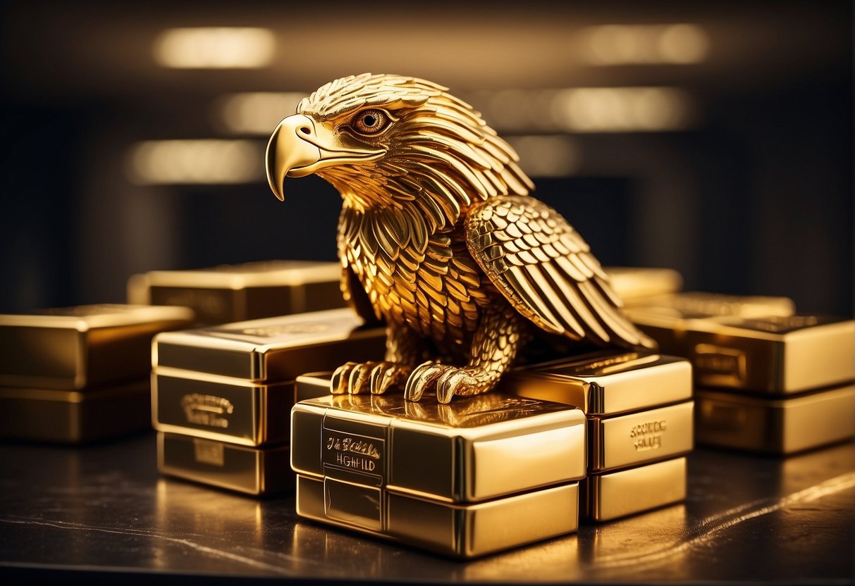 A stack of gold eagle monster boxes shines in a secure vault, symbolizing the benefits of investment in precious metals