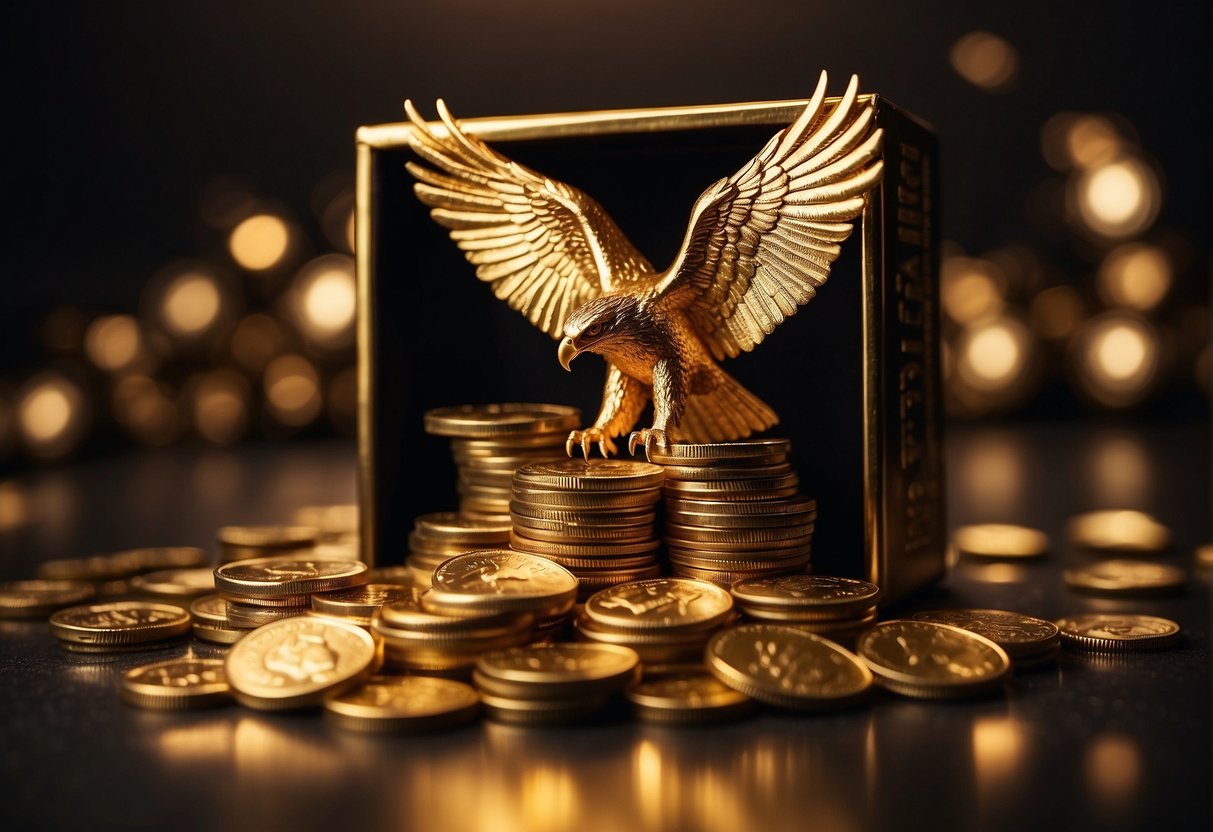 A stack of gold eagle coins spills out of a sturdy monster box, with the box lid open and the coins gleaming in the light