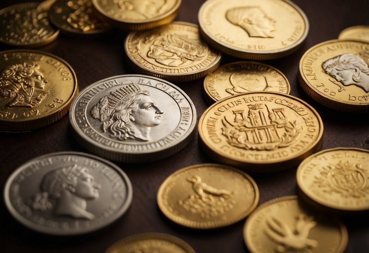 A timeline of gold coins from ancient to modern, showcasing iconic designs and historical significance