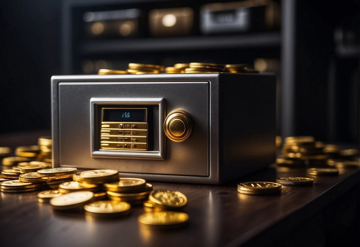 A sturdy safe sits in a dimly lit room, filled with neatly stacked gold and silver bullion. The safe is secured to the floor and surrounded by motion sensors and a security camera