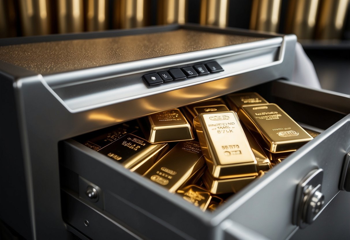 Gold and silver bullion arranged in a secure, fireproof safe. Separate compartments for each metal, with padding to prevent scratching. Combination lock and hidden location for added security