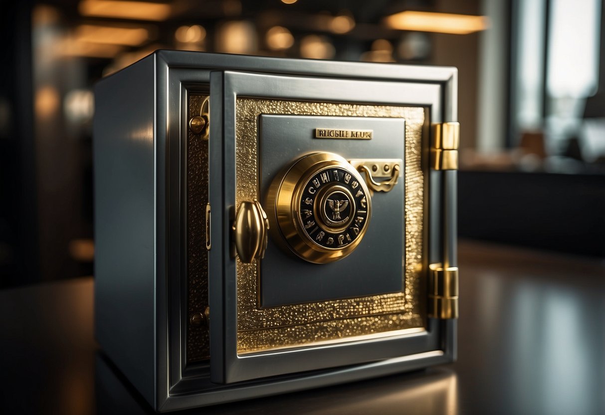 A secure safe with gold and silver bullion neatly organized inside, alongside a locked cabinet for additional storage options