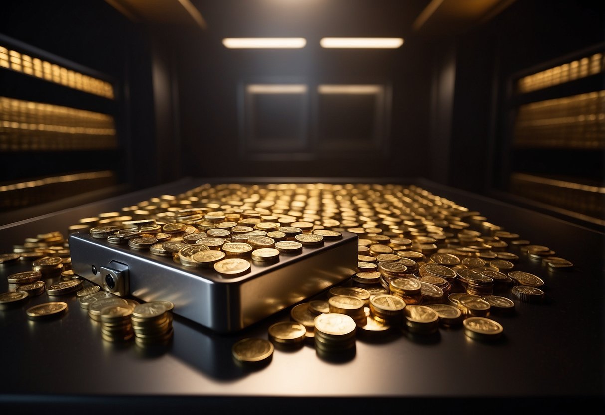 A sturdy safe bolted to the floor in a dimly lit room, filled with neatly organized gold and silver bullion bars and coins, with a security camera mounted on the ceiling