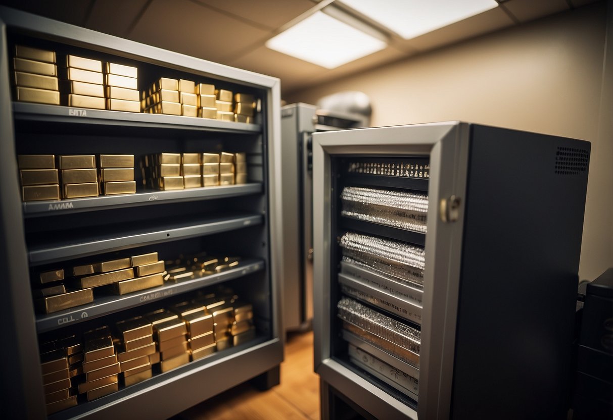 A sturdy safe with shelves holds neatly stacked gold and silver bullion. A security camera monitors the room, while a temperature and humidity gauge ensures optimal storage conditions