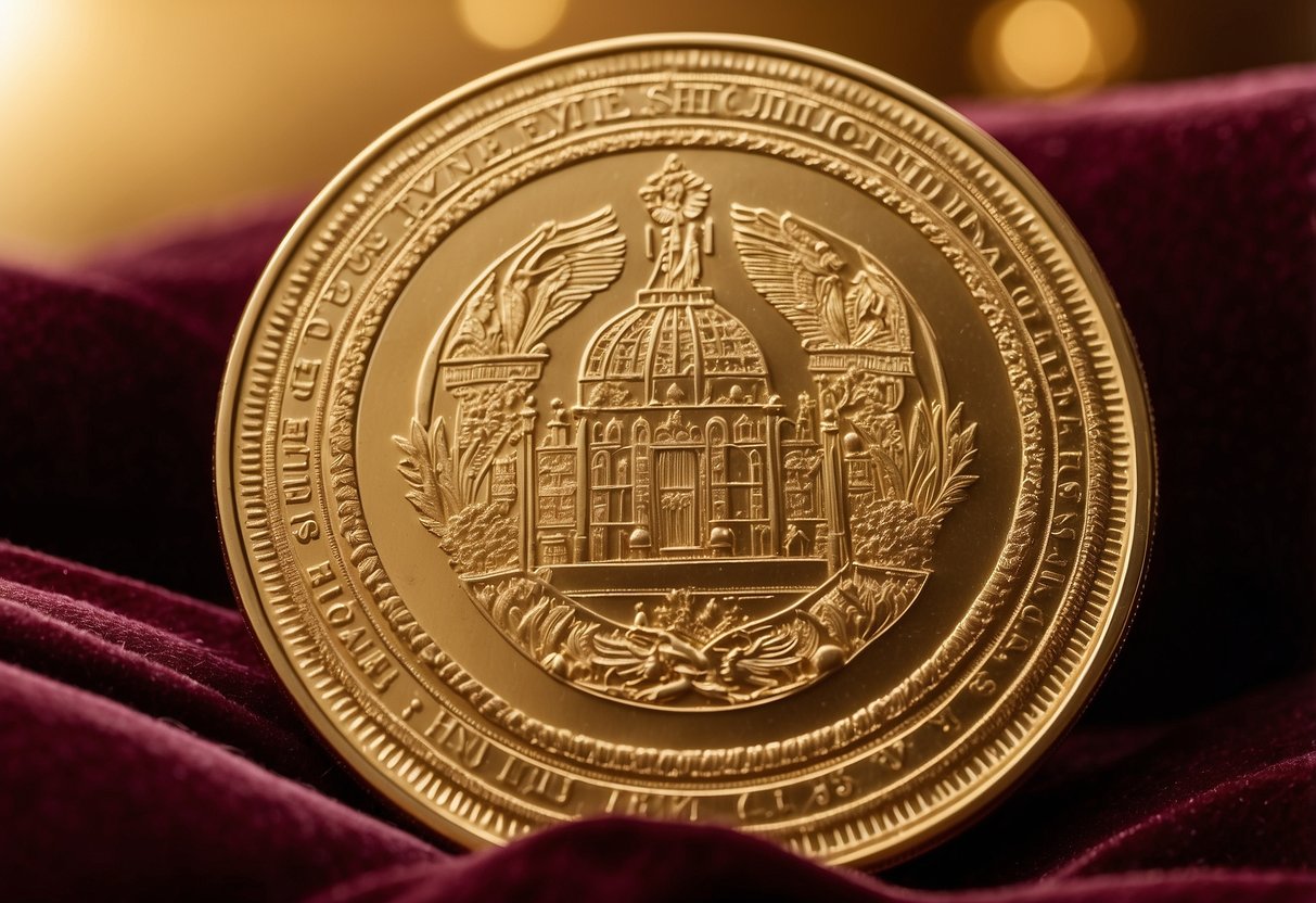 A gleaming gold coin resting on a velvet cushion, surrounded by a soft golden glow. Intricate engravings and a distinct weight are evident