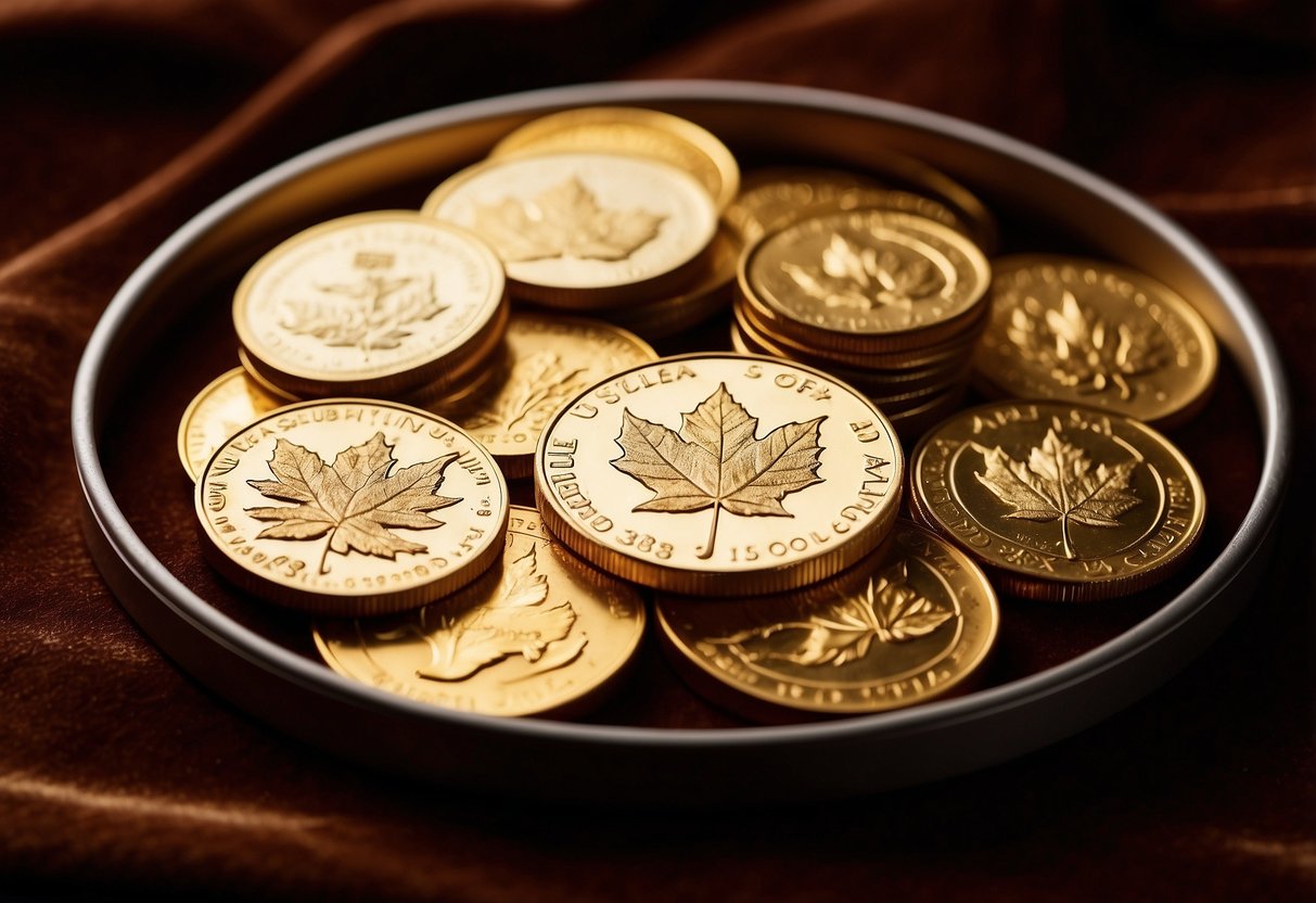 A stack of gleaming gold coins, including the American Eagle, South African Krugerrand, and Canadian Maple Leaf, displayed on a velvet-lined tray
