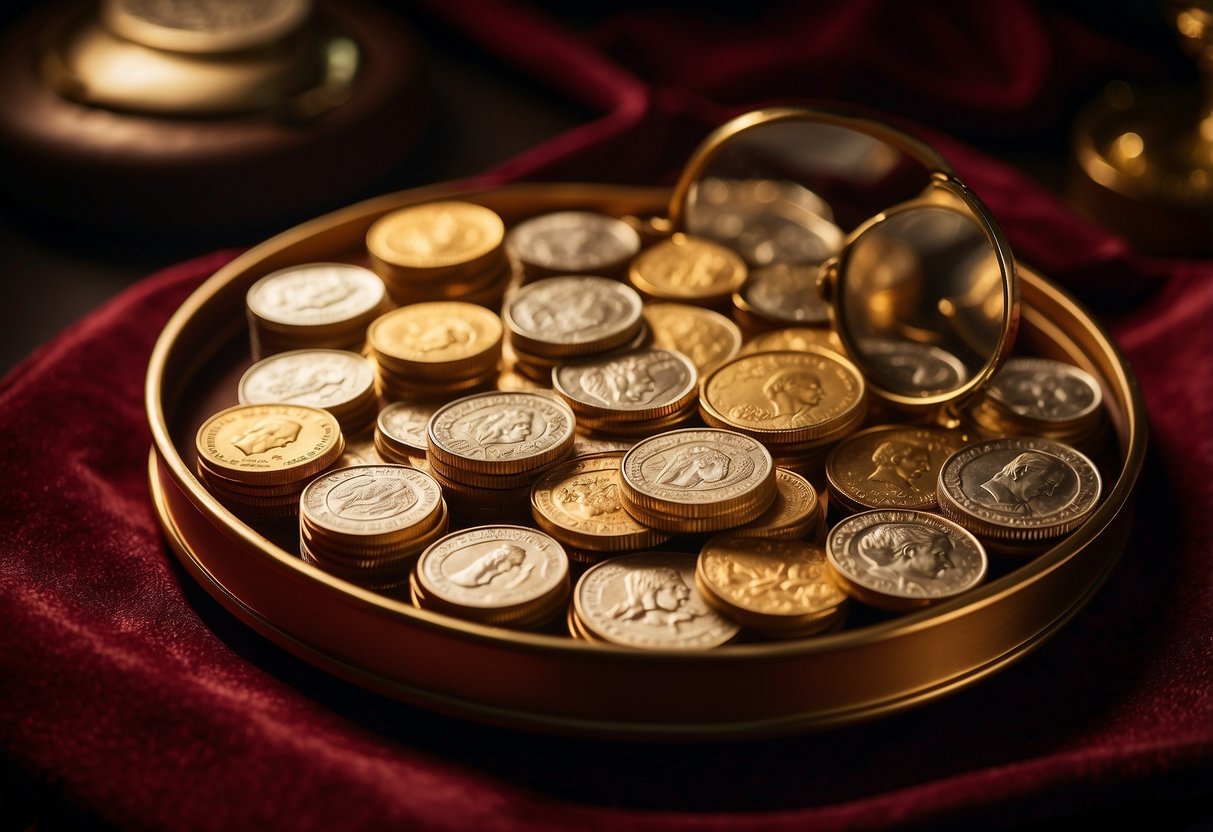 A collection of famous gold coins displayed on a velvet-lined tray under soft lighting, with a magnifying glass nearby for closer inspection