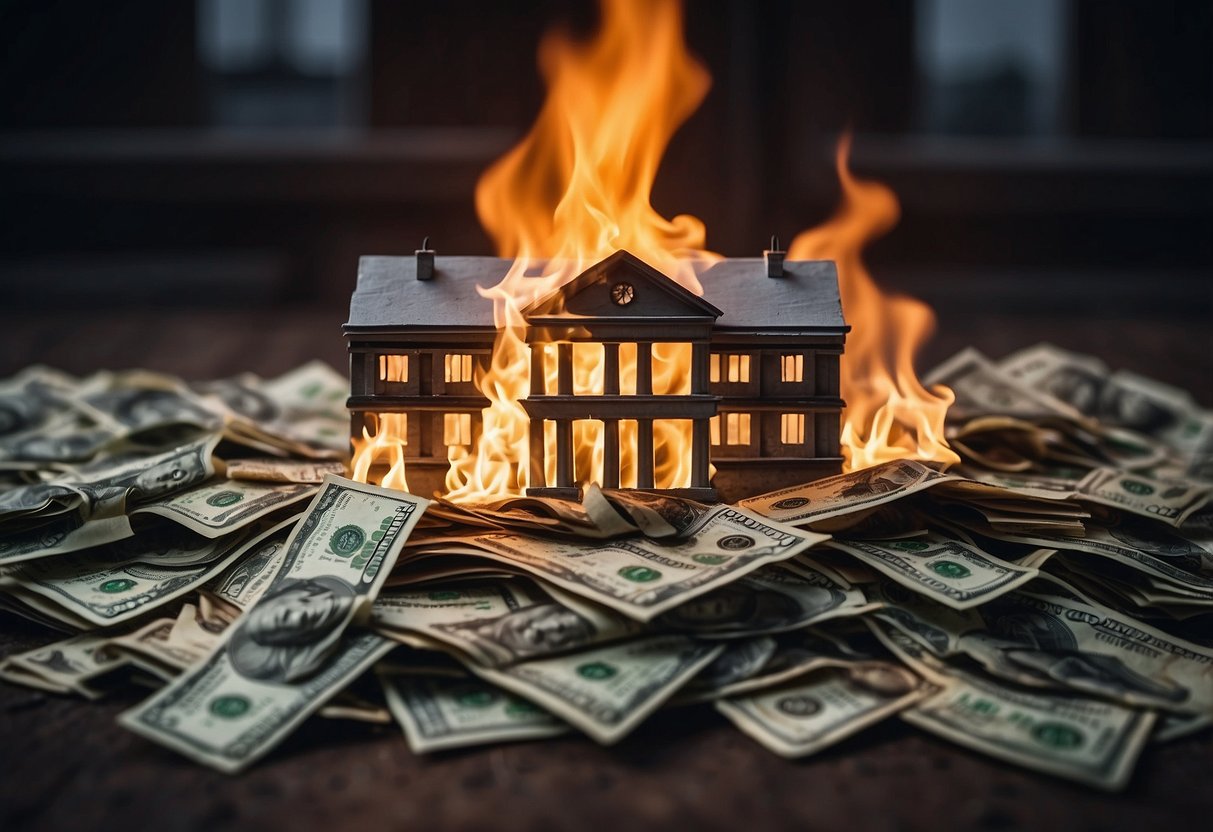 A pile of paper money burning in a raging fire, with a crumbling government building in the background