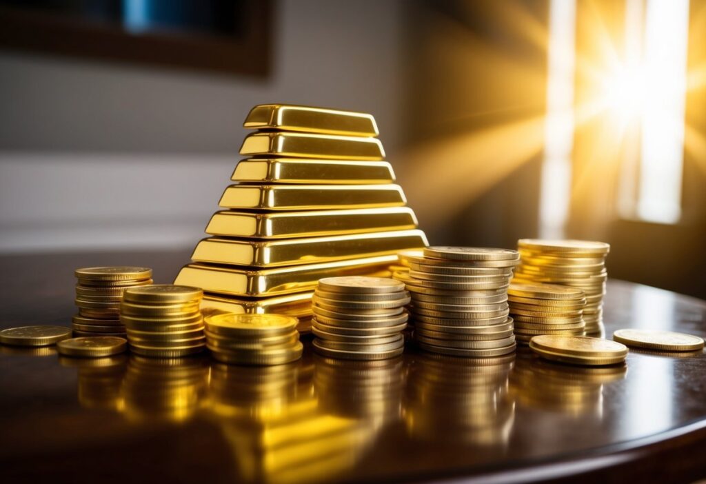 gold bars and coins on table with sun shining through the window