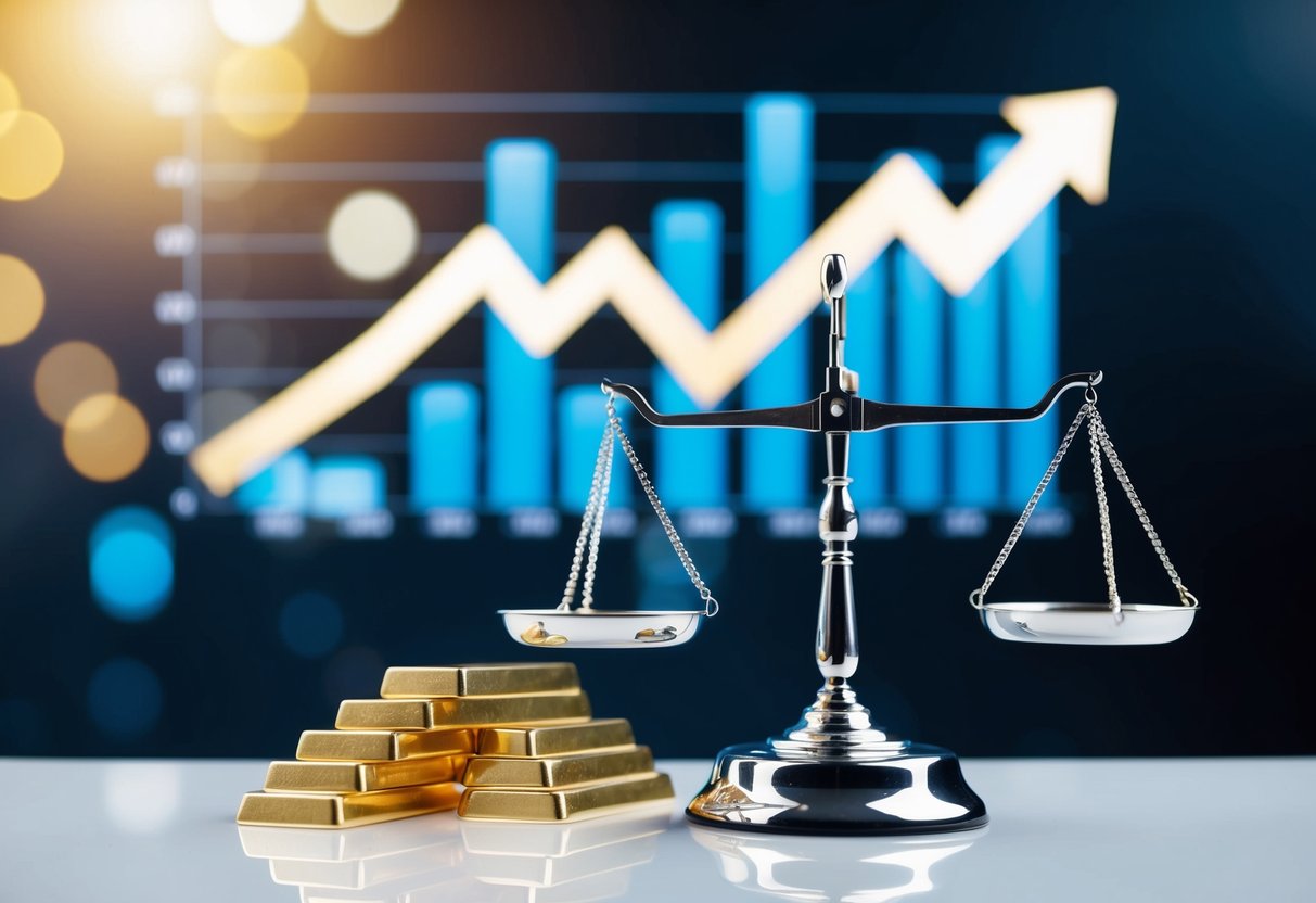 A scale with gold and silver bars tipping as a graph of inflation and tariffs rises in the background