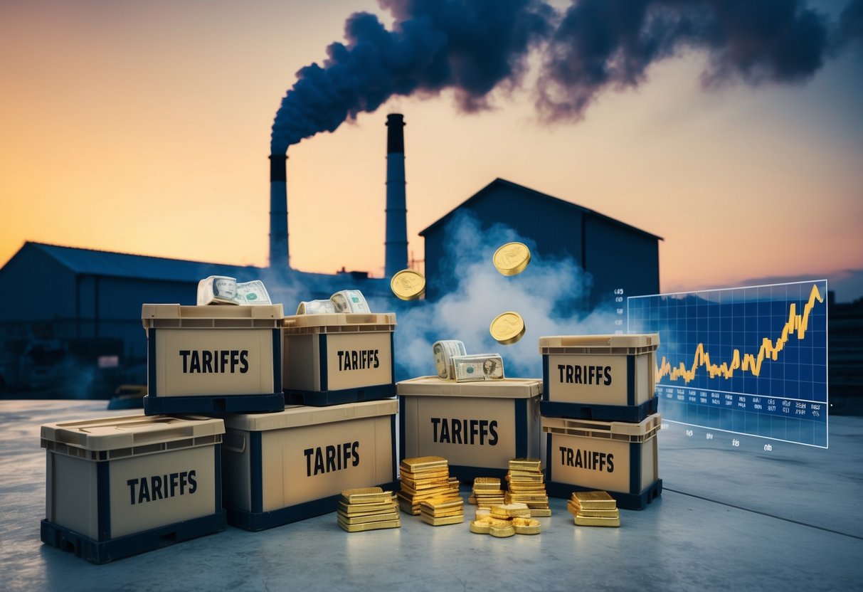 A factory emitting smoke while surrounded by crates labeled with "tariffs." Gold and silver bars sit next to a rising inflation graph