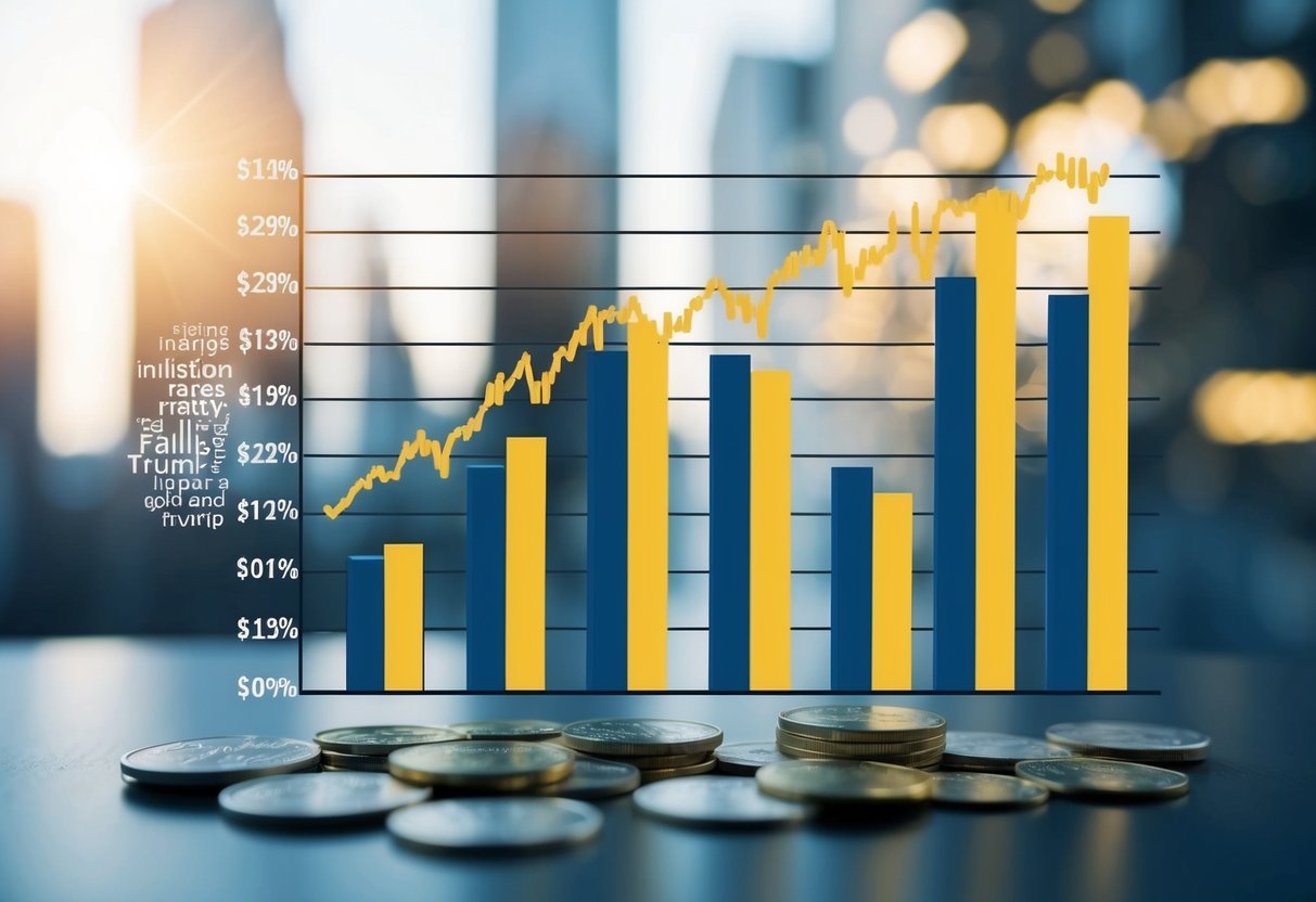 A graph showing rising inflation rates and falling gold and silver prices due to Trump's tariffs on U.S. businesses and consumers