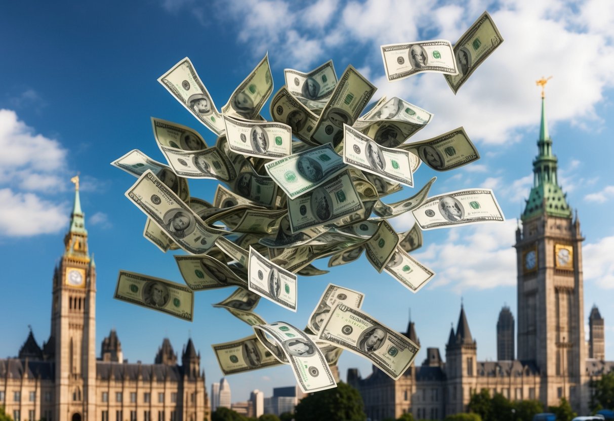 A pile of paper money floating in the air, surrounded by government buildings and symbols of authority