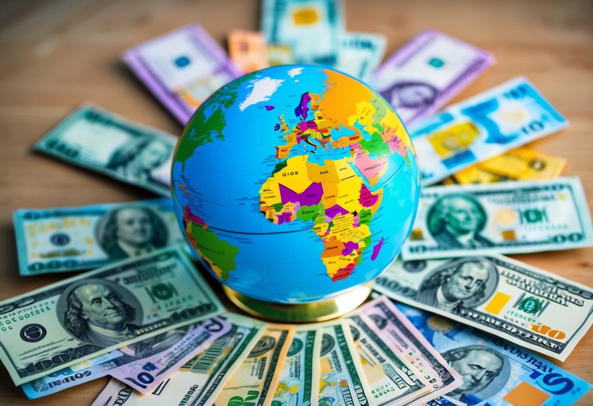 A globe surrounded by various paper currencies from different countries, representing the concept of global fiat currencies