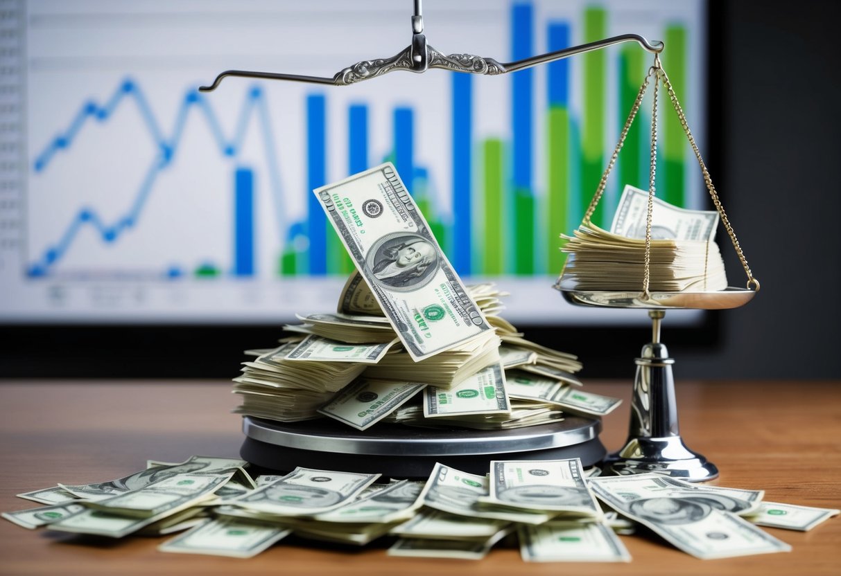 A pile of paper money surrounded by a scale, with one side higher than the other. A graph showing fluctuating value in the background