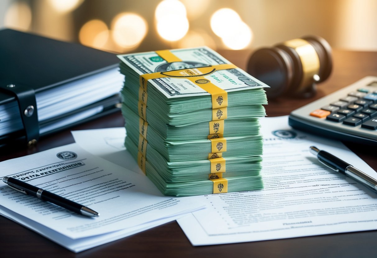 A stack of paper money with government symbols and logos, surrounded by legal documents and regulations