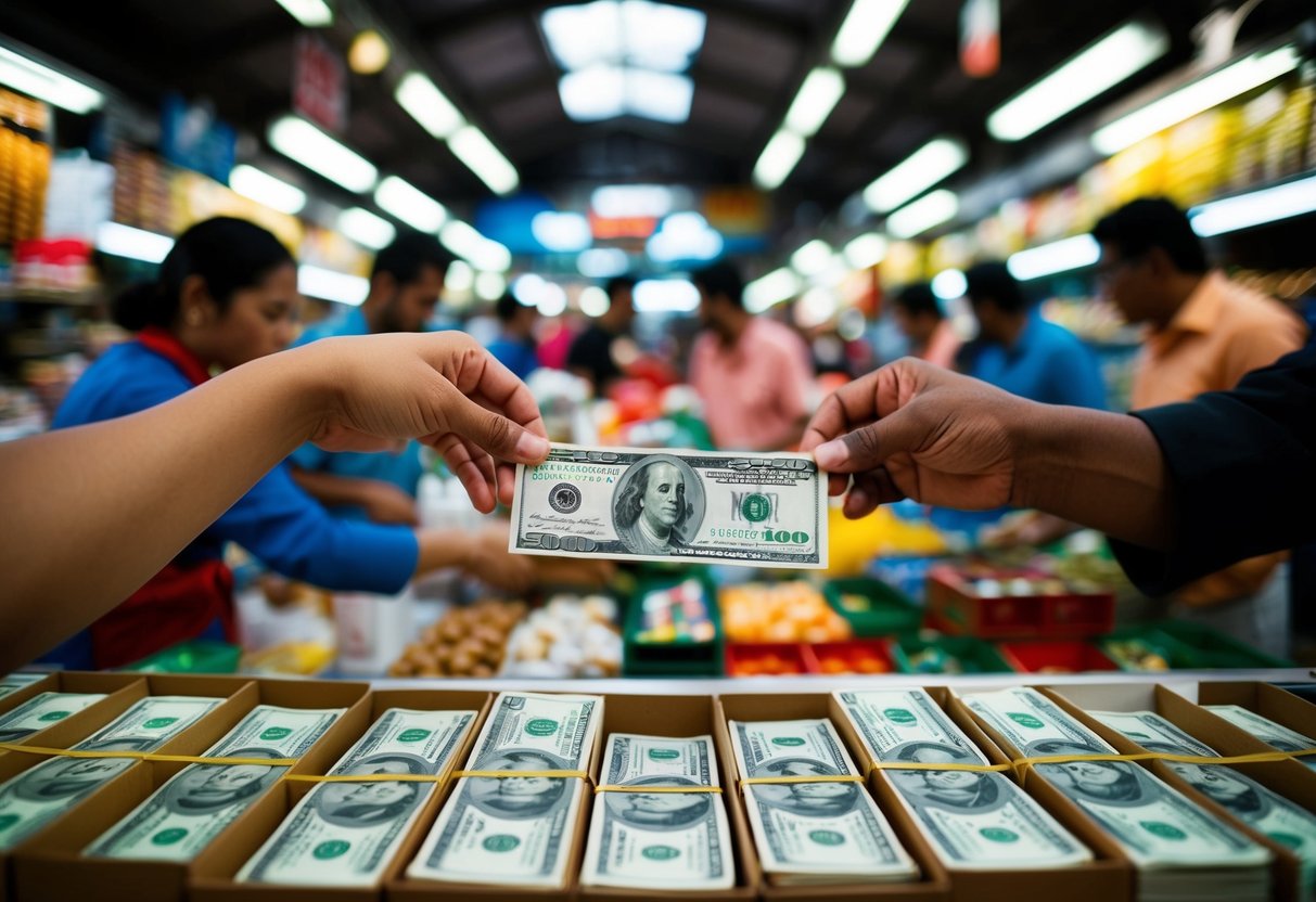 A bustling marketplace with various goods being exchanged for paper money