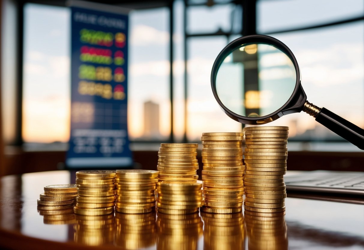 A stack of gold coins and bars on a polished wooden table, with a magnifying glass and a price chart in the background