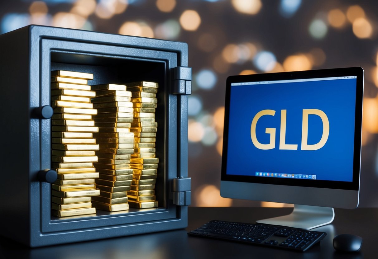 A safe with stacks of physical gold bars next to a computer screen showing the GLD stock symbol