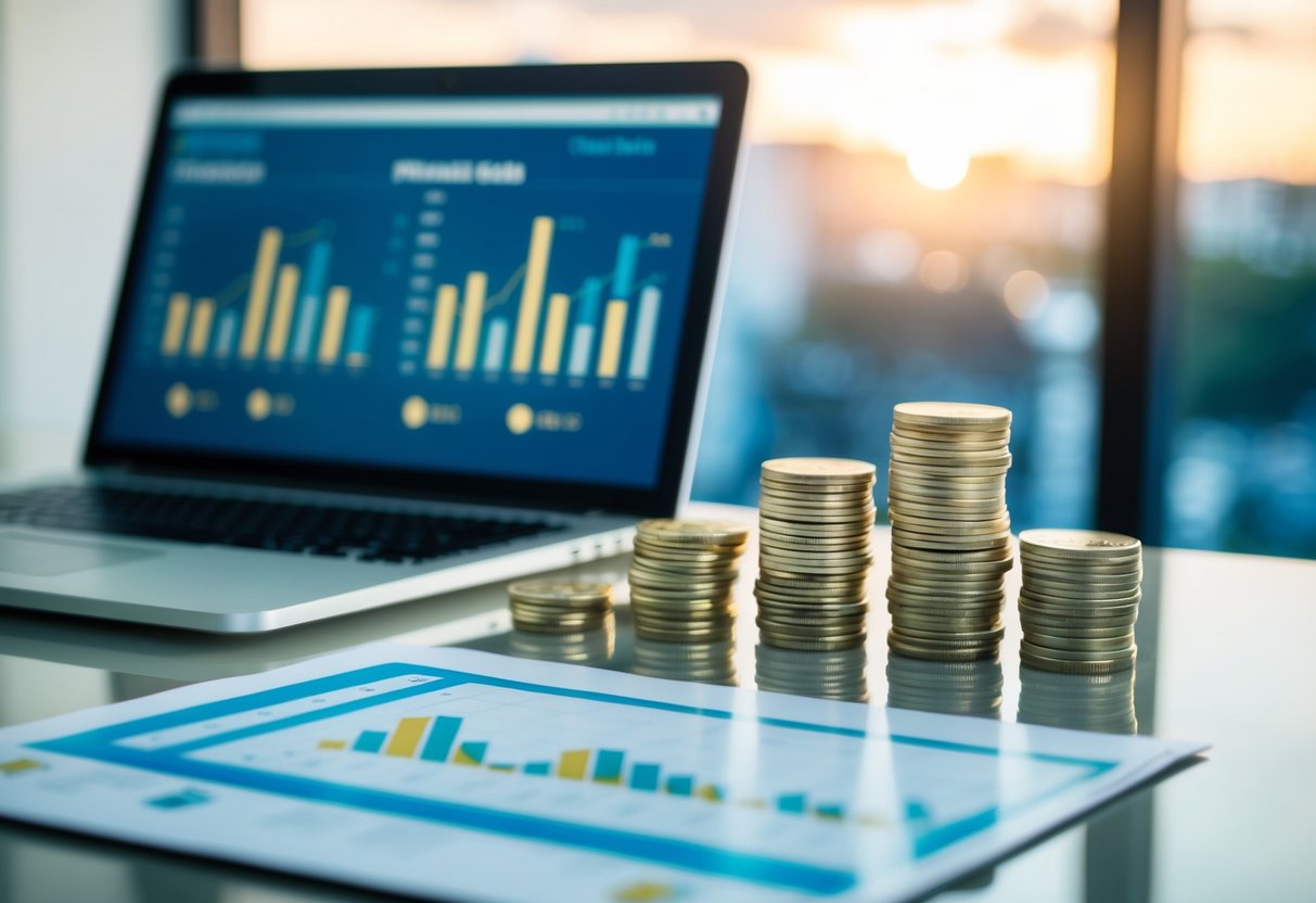 A desk with a laptop, financial charts, and a stack of physical gold coins next to a comparison chart of GLD