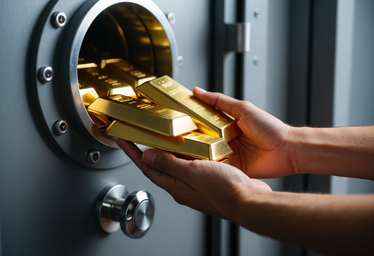 A hand placing physical gold bars into a secure storage vault