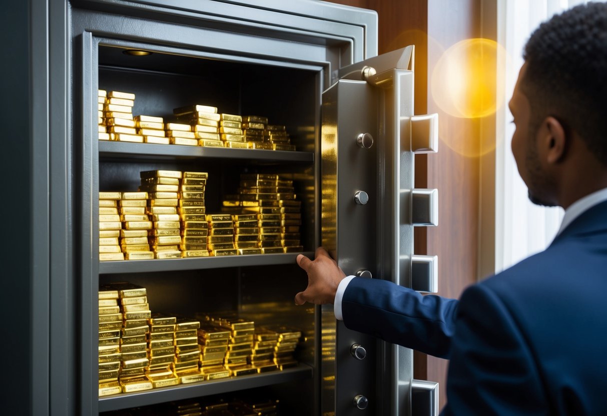 A person standing in front of a safe, opening the door to reveal shelves stacked with gleaming gold bars and coins